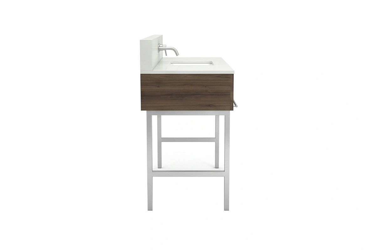Sleek matte metal vanity counter showcasing a minimalist geometric frame that keeps the bathroom layout feeling airy