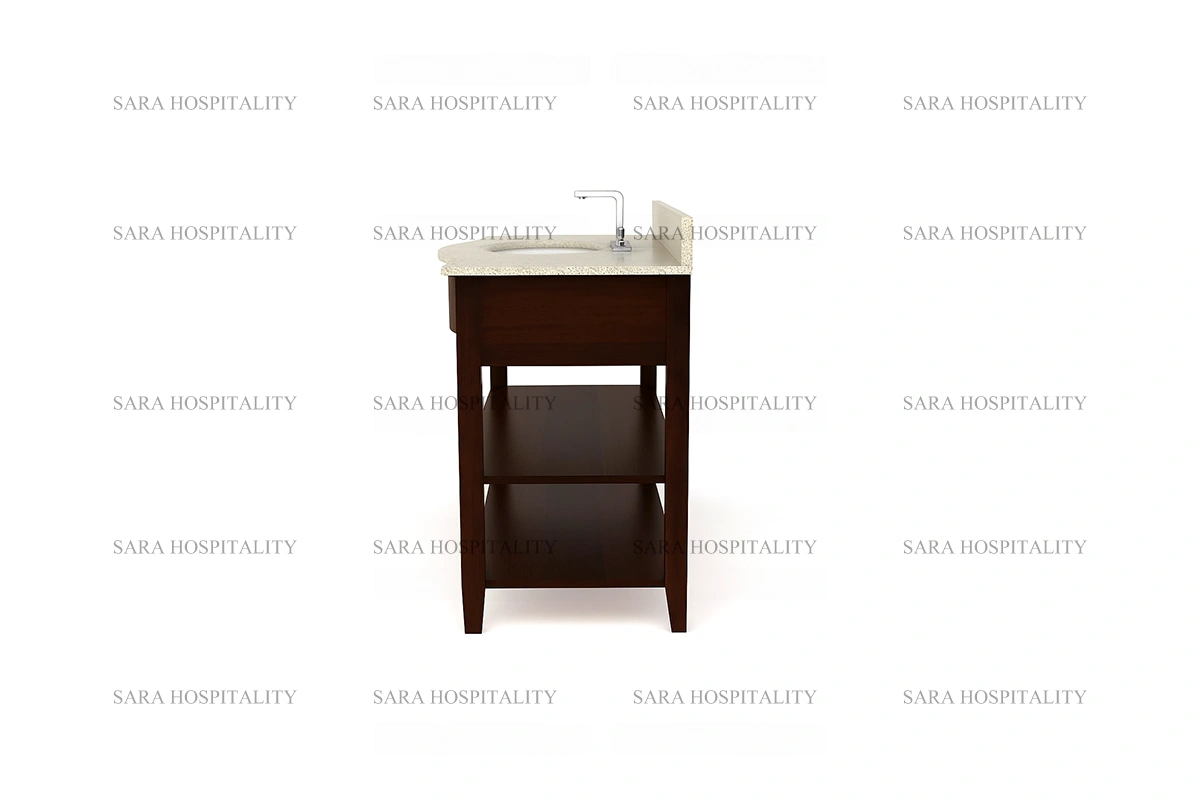 Sturdy slatted shelf vanity base designed for organized storage in luxury resort suites