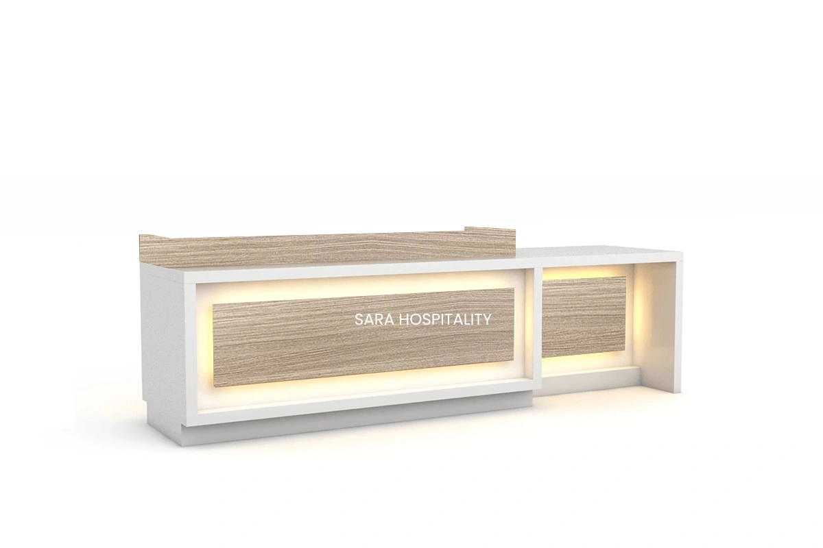 Contemporary open-base front desk with an industrial metal frame and contrast surface panels, offering an open, light-permeable lobby aesthetic