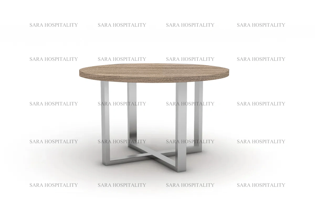 Contemporary circular coffee table with a sturdy intersecting base and a slim-profile tabletop